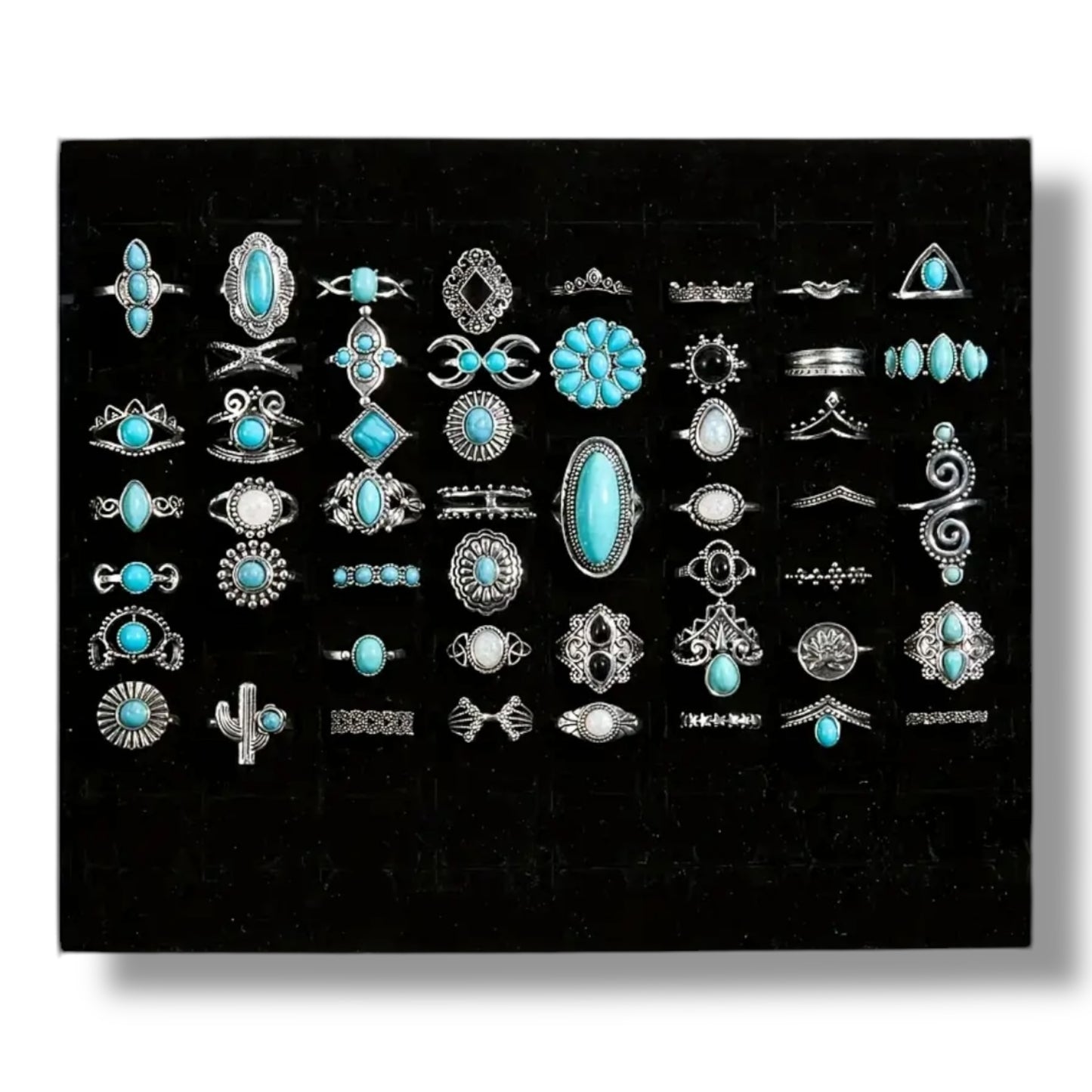 Kinky Pleasure - T171 - Ring Set Exclusive In Luxury Gift Box – 30-Piece Boho Silver & Turquoise Collection