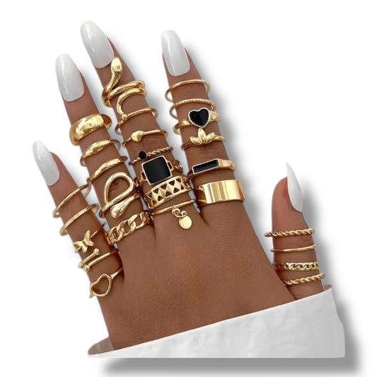 Kinky Pleasure - T173 - Ring Set Exclusive In Luxury Gift Box – 27-Piece Boho Gold & Black Collection