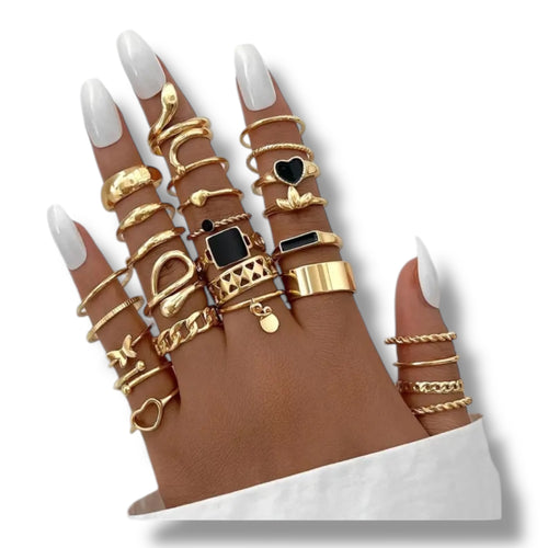 Kinky Pleasure - T173 - Ring Set Exclusive In Luxury Gift Box – 27-Piece Boho Gold & Black Collection