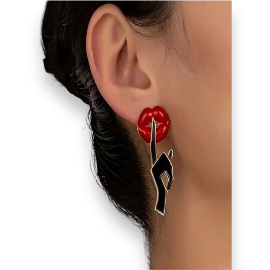 Kinky Pleasure - S029 - Earrings - Lips With Hand - SSST Be Quiet