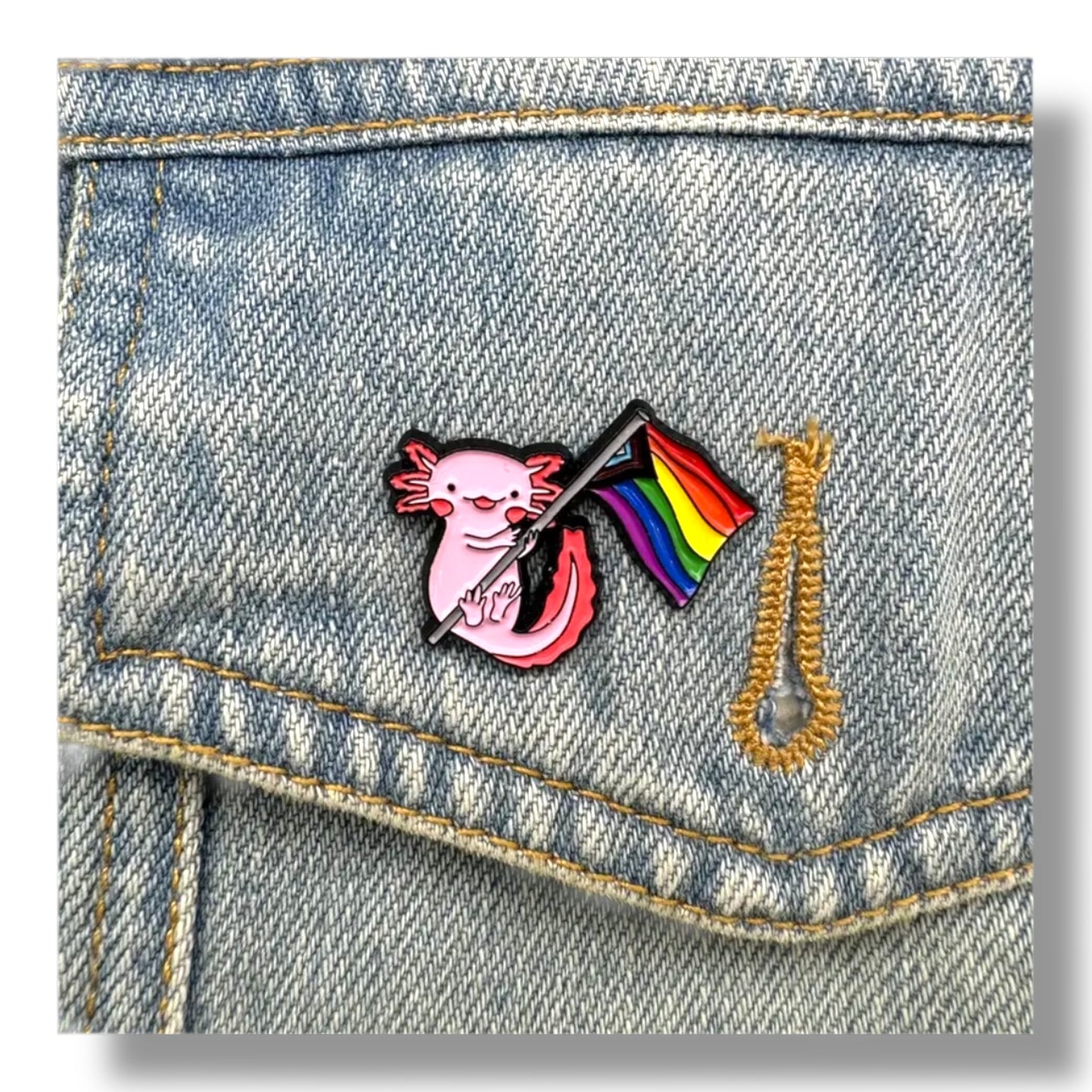 Kinky Pleasure - KPB080 - Metal Pin - Axolotl With Pride Flag