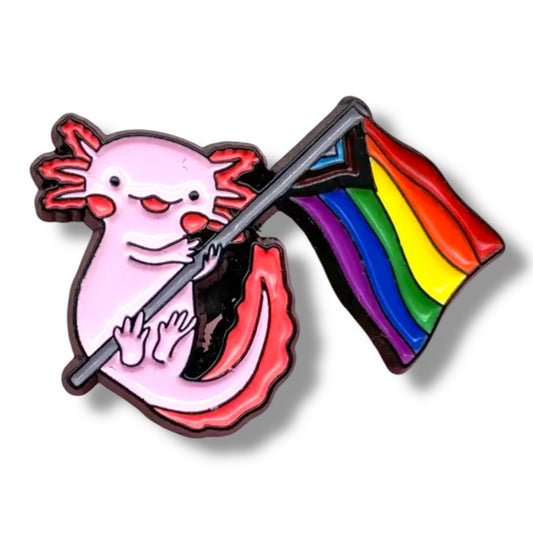 Kinky Pleasure - KPB080 - Metal Pin - Axolotl With Pride Flag