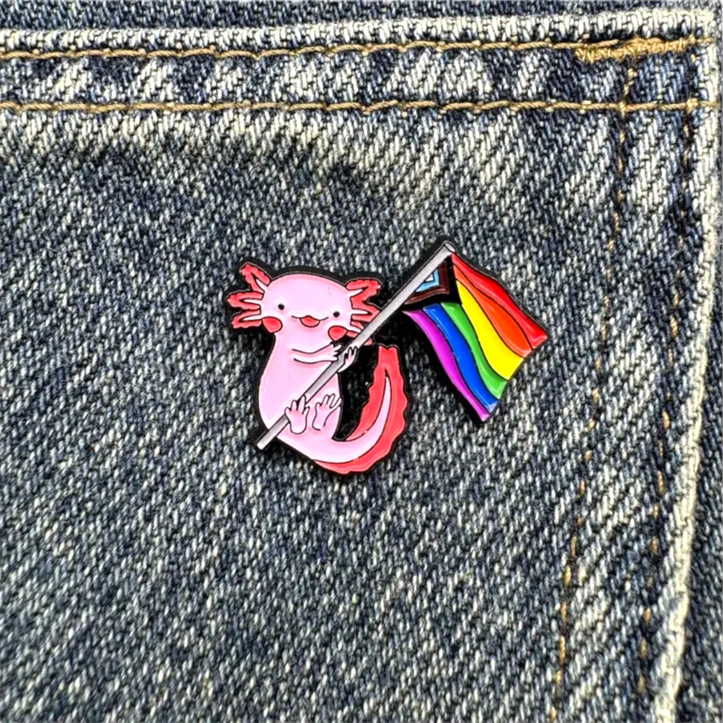 Kinky Pleasure - KPB080 - Metal Pin - Axolotl With Pride Flag