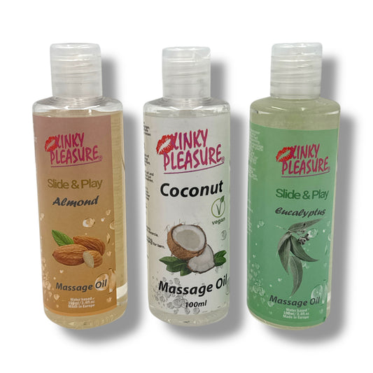 Kinky Pleasure - Massage Oil - 3 Models – 300ml – Eucalyptus, Almond, Coconut (100ml each)