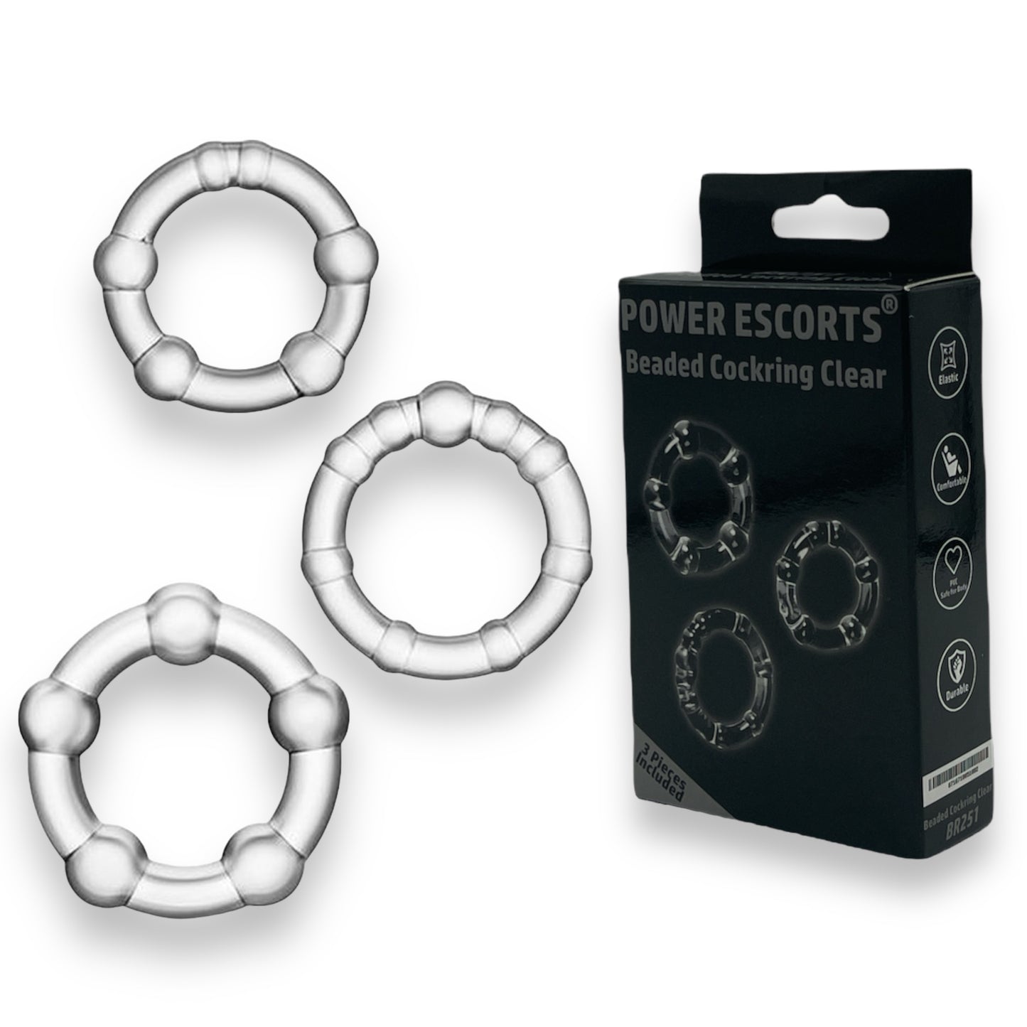 Power Escorts - BR251 Clear - Beaded Cockring 3 Pack - Super Stretchable - Colourbox