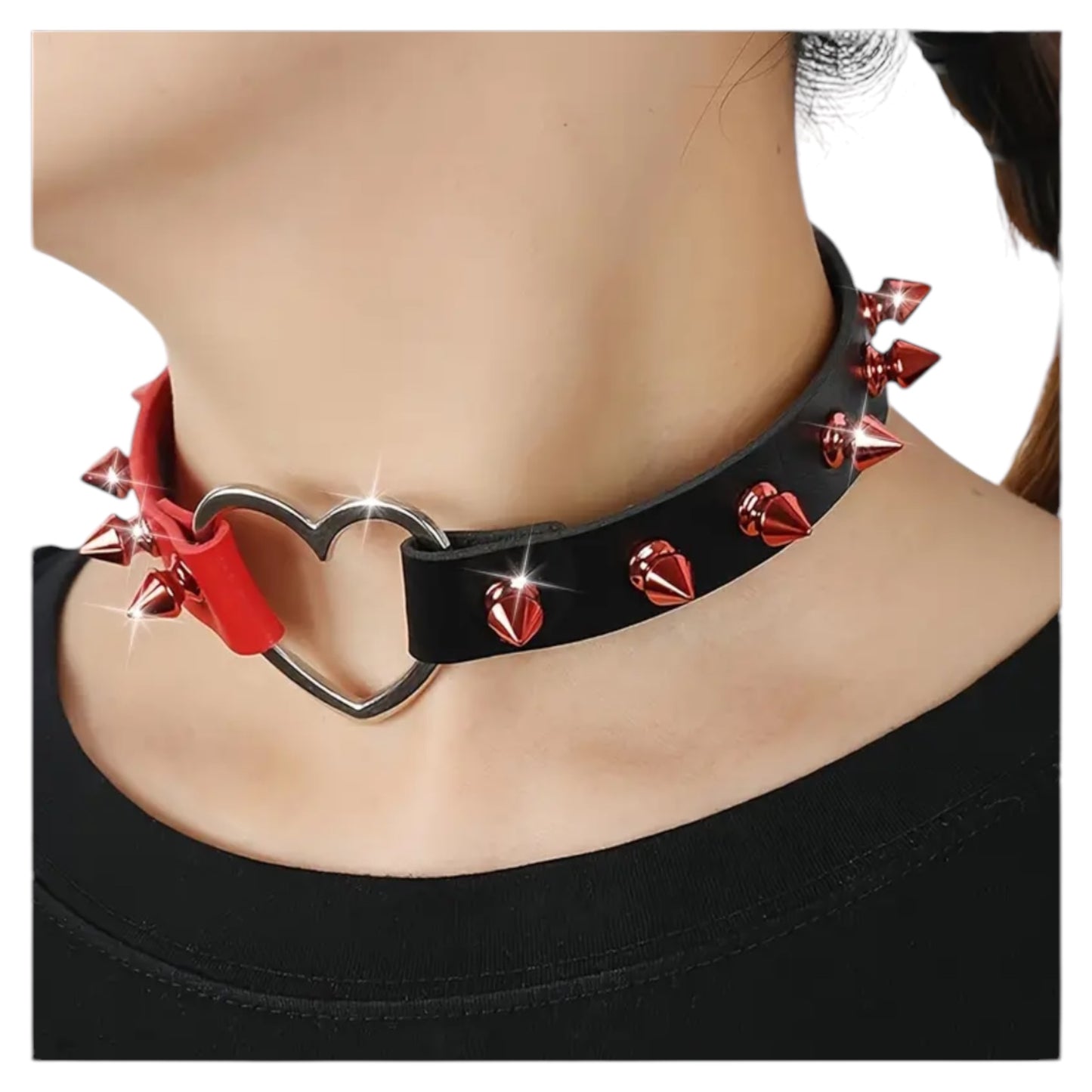 Kinky Pleasure - T176 - Choker Heart Extreme With Spikes in Red With Black