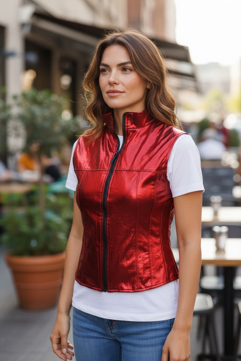 Glossy Red Kinky Bodywarmer Wth Zipper