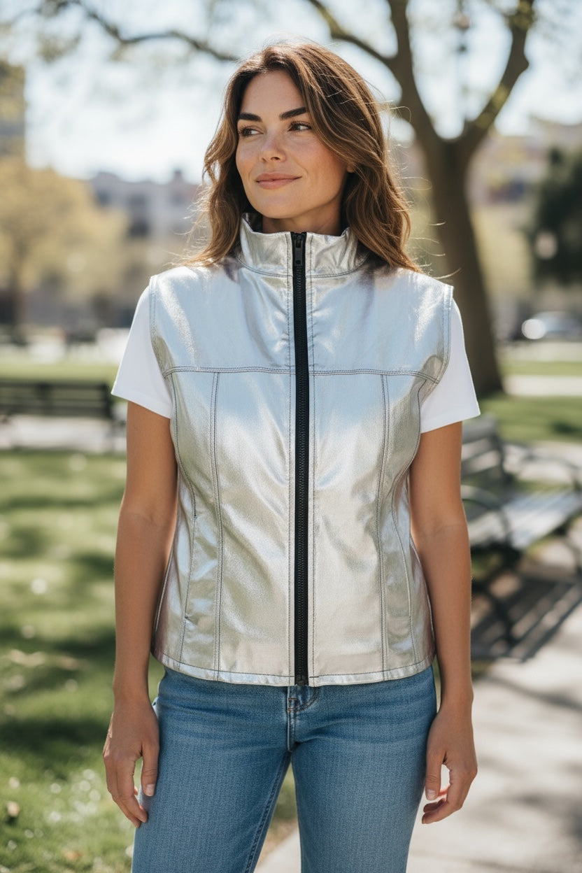 Glossy Silver Kinky Bodywarmer Wth Zipper
