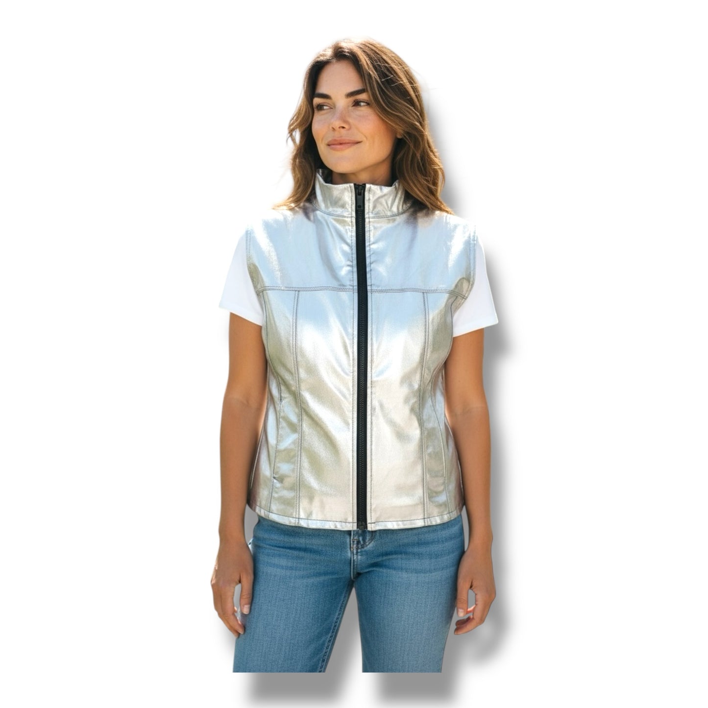 Glossy Silver Kinky Bodywarmer Wth Zipper