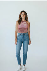 Kinky Glossy Salmon Halter Top With Open Back