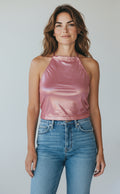 Kinky Glossy Salmon Halter Top With Open Back