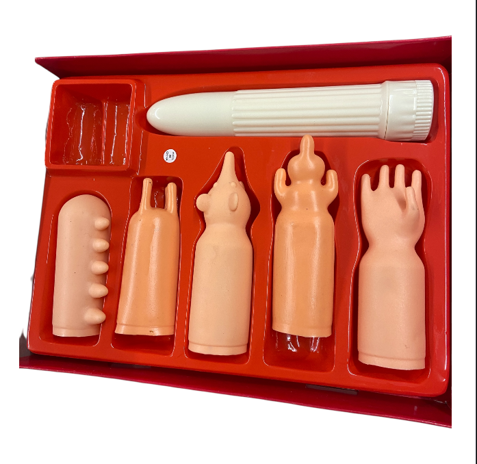 Erotic Gift Set 6 Pcs – Multiple Orgasm Kit White Ribbed Basic Vibrator with 5 Sleeves Pleasure Kit - Club