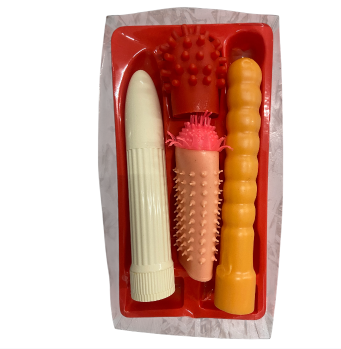 Erotic Gift Set 4 Pcs – White Ribbed Vibrator with 3 Unique Textured Sleeves - Club