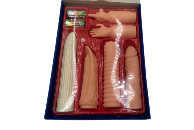 Erotic Giftset 6 Pcs  - Horny Housewives Special Set – White Vibrator + 5 Big Sleeves (Battery-Operated) - Club
