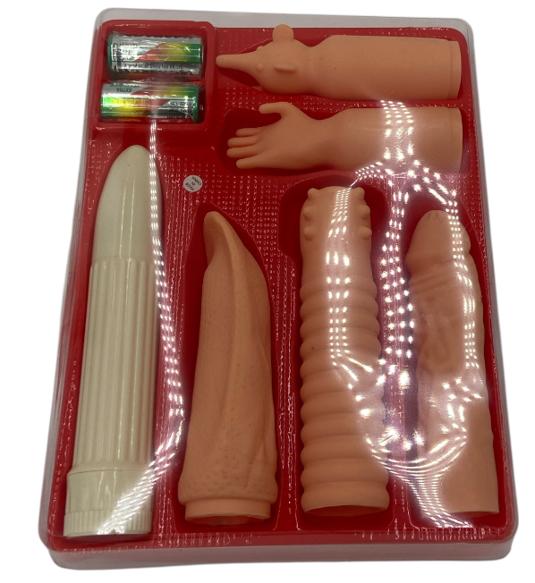 Erotic Giftset 6 Pcs  - Horny Housewives Special Set – White Vibrator + 5 Big Sleeves (Battery-Operated) - Club