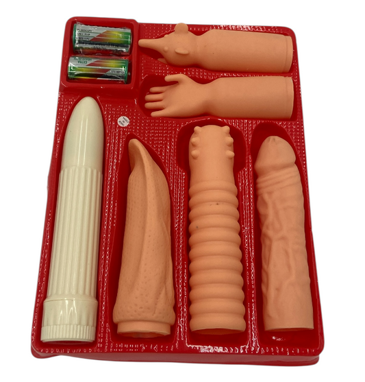 Erotic Giftset 6 Pcs  - Horny Housewives Special Set – White Vibrator + 5 Big Sleeves (Battery-Operated) - Club