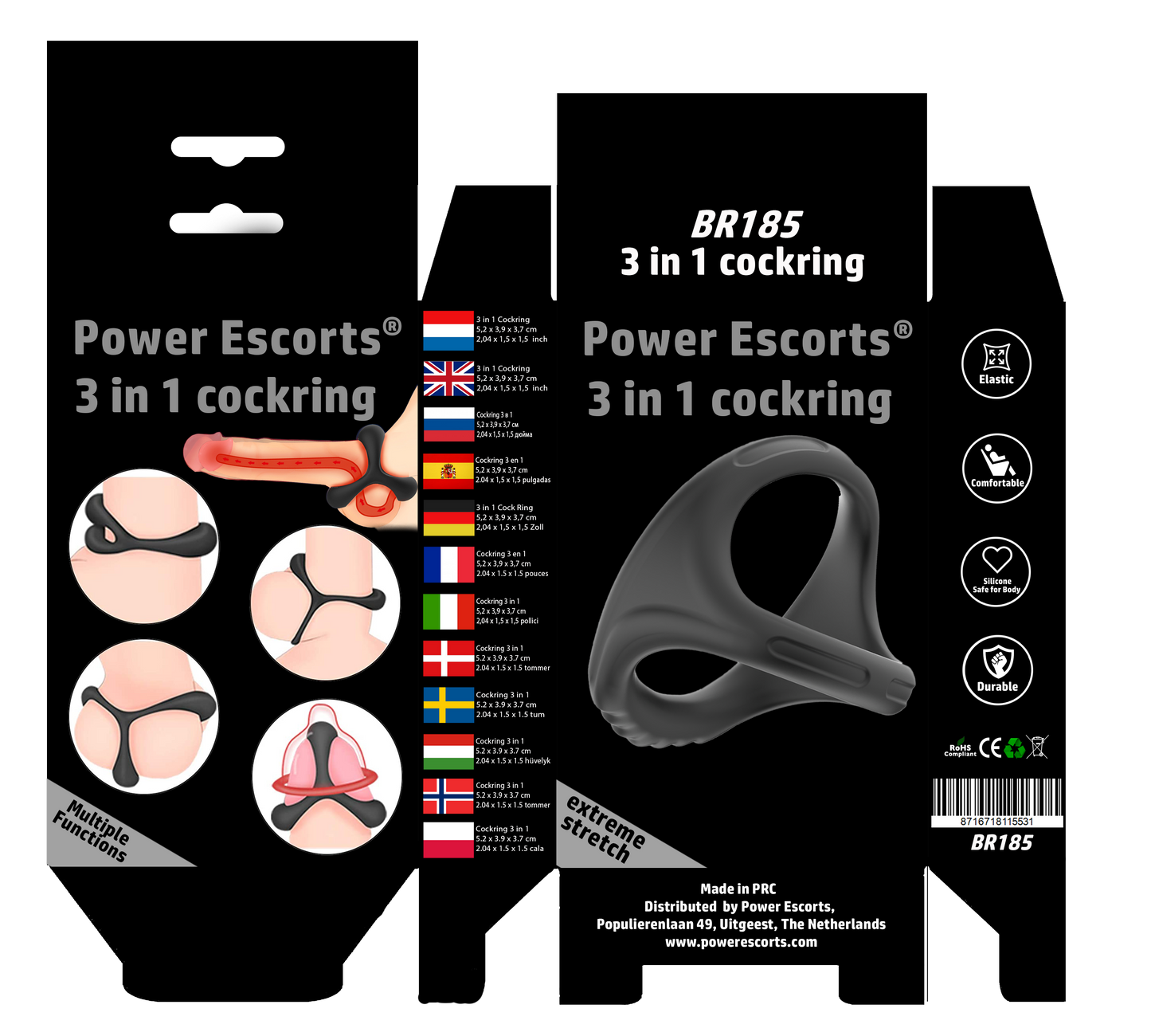 Power Escorts - BR185 - 3 In 1 Cockring - Super Flexible - Colour box