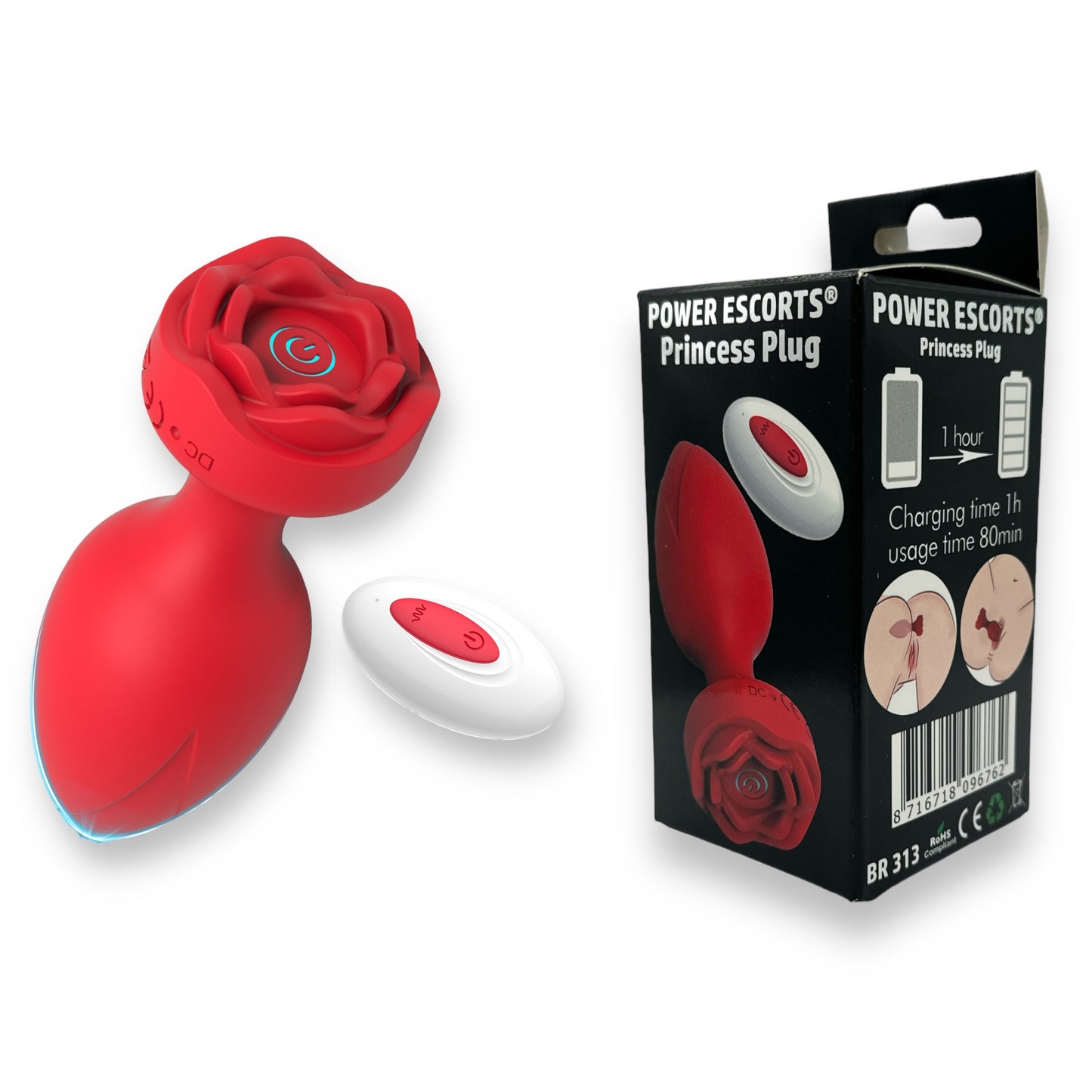 Power Escorts - BR313 - Princess Plug -  Remote Rose Design Plug - USB Rechargeable - 10 Functions - Black