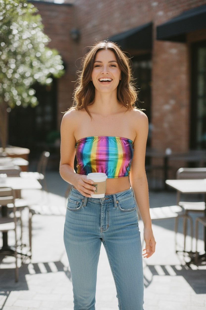 Kinky Glossy Rainbow Strapless Slim Top