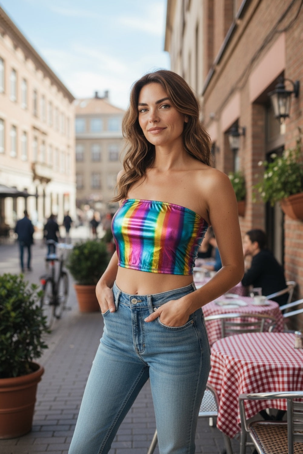 Kinky Glossy Rainbow Strapless Slim Top