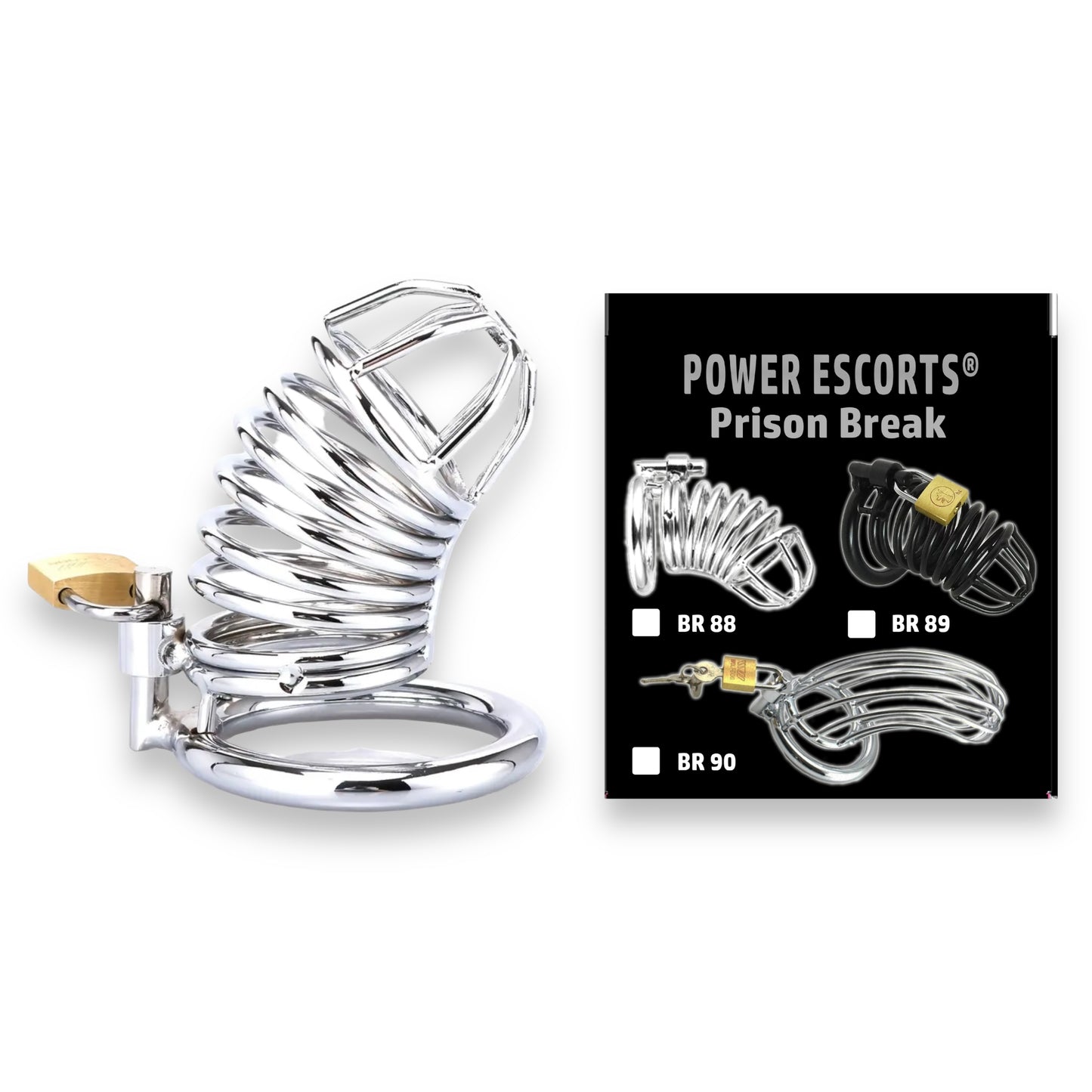 Power Escorts - BR88 - Prison Break - Metal Cock Cage - Silver - Small / Medium / Large - Stylish Colour Box