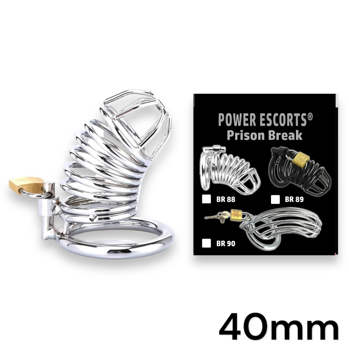 Power Escorts - BR88 - Prison Break - Metal Cock Cage - Silver - Small / Medium / Large - Stylish Colour Box