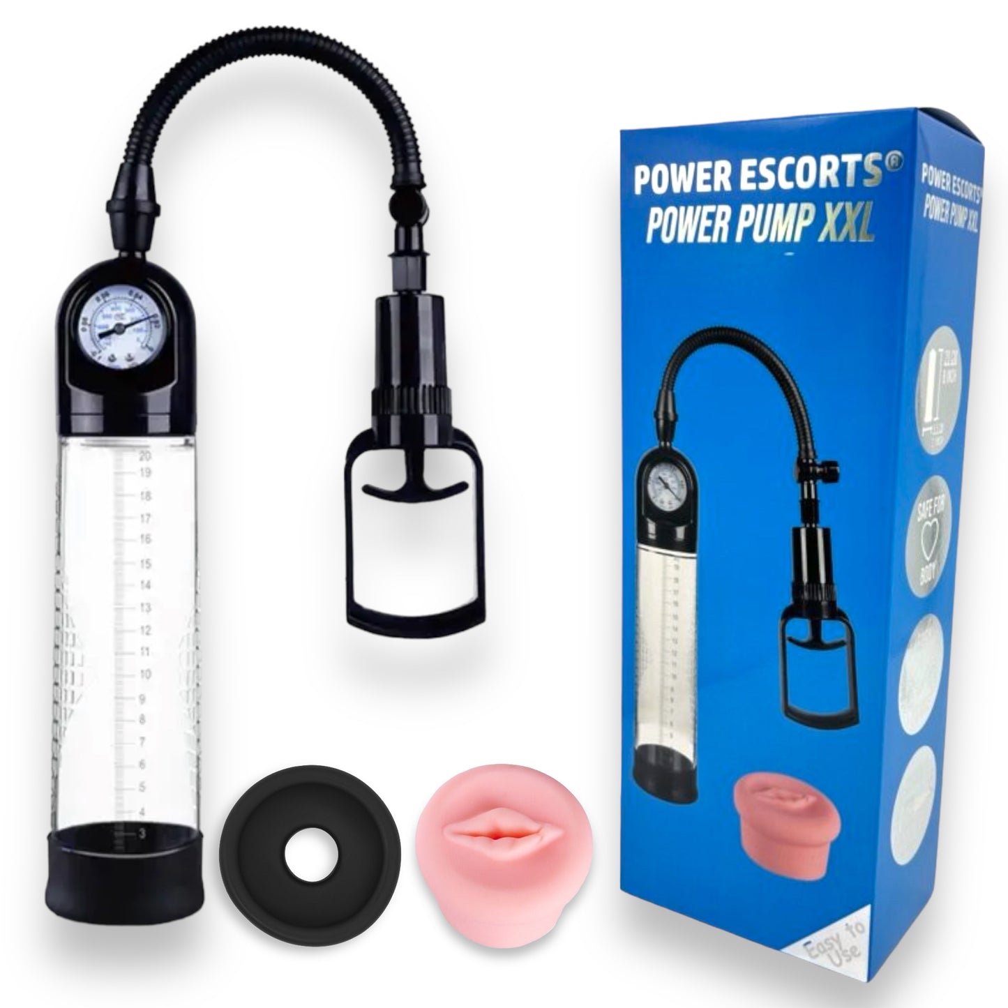 Power Escorts - BR29 - Power Pump XXL - Mega Penis Pump - With Extra Exchangeable Pussy & Manometer - Black/Transparant