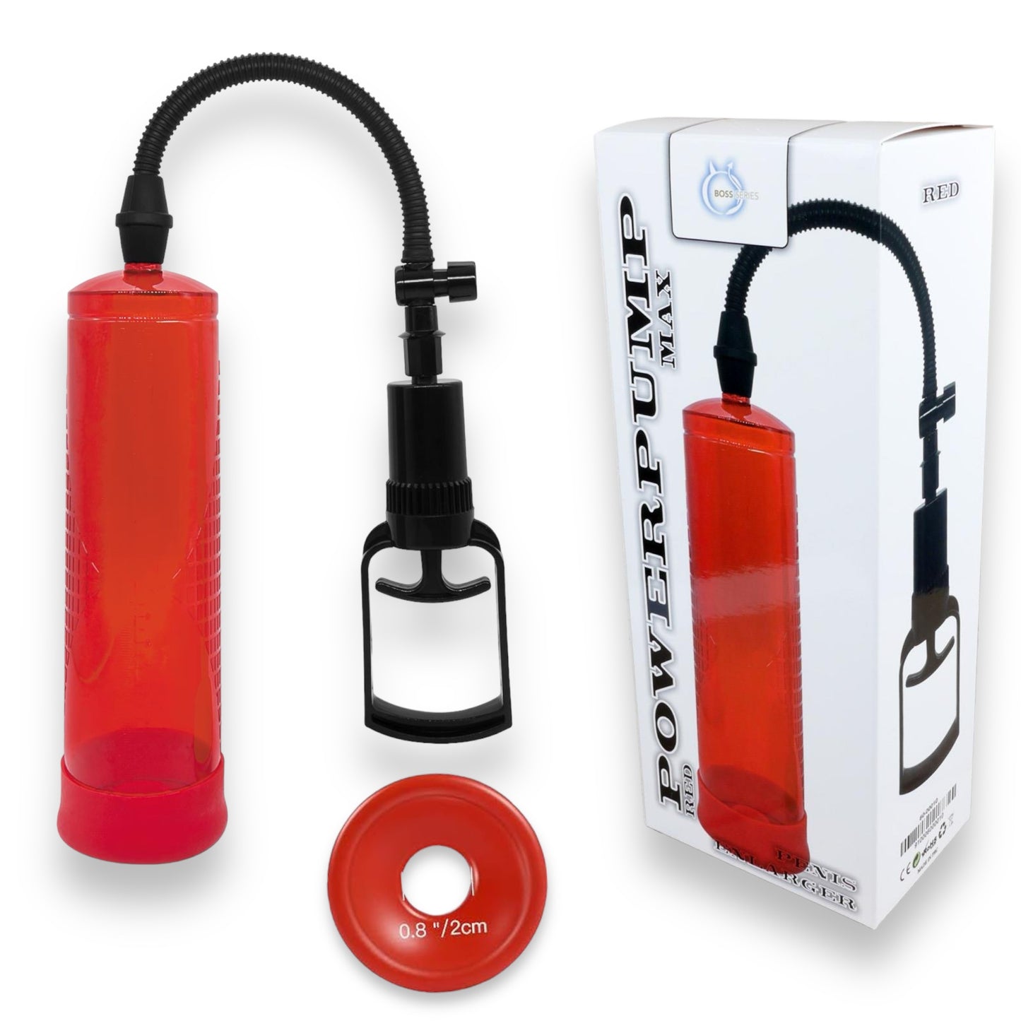 Bossoftoys Power Penis Pump Max Red - Strong hand grip - Size  22 cm - Dia box 6,9 cm - 60-00010