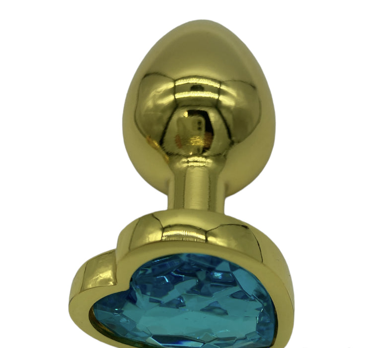 Power Escorts - BR187 - Gold Anal Plug Heart Design Light Blue Stone