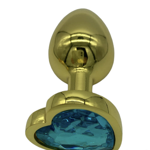 Power Escorts - BR187 - Gold Anal Plug Heart Design Light Blue Stone