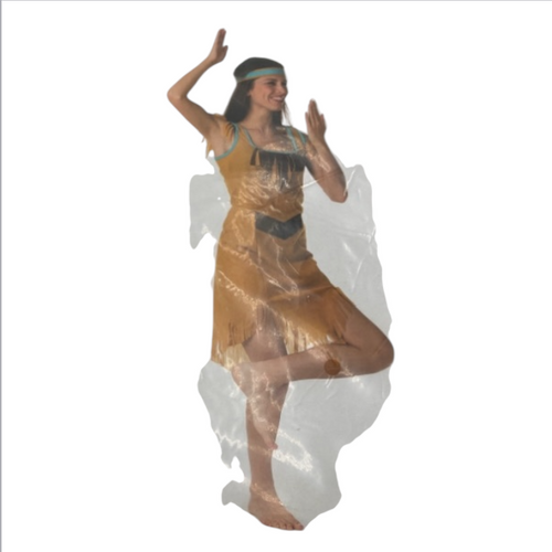 Kinky Indian Female Tribal Fantasy Costume – Brown Fringe Dress with Blue Accents & Headband – Sizes M & L