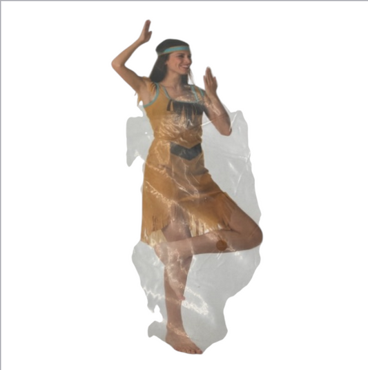 Kinky Indian Female Tribal Fantasy Costume – Brown Fringe Dress with Blue Accents & Headband – Sizes M & L