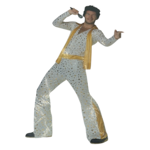Kinky The King Men’s White Jumpsuit with Gold Stars & Matching Gold Scarf - M / L / XL