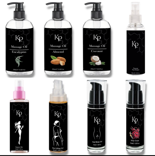 KP Serie - 8 Different Bottles - Massage Oils 250 ML - Delay Cream - Anal Relax Gel - Butt Lifting Gel - Sweet Scent - Toy Cleaner