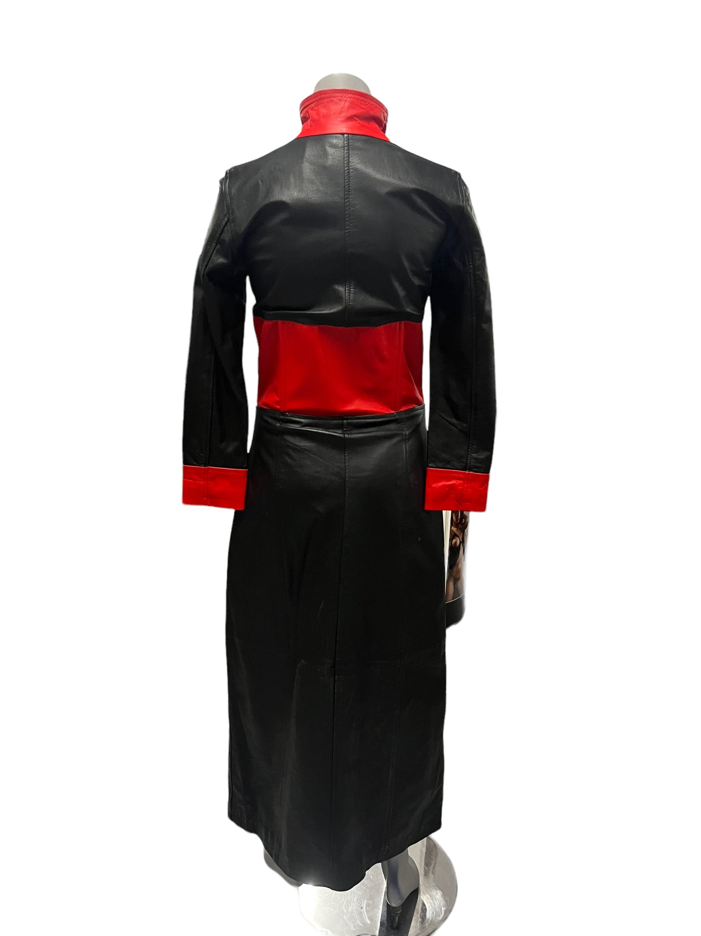 Fashion World - LL116 - Long Leather Jacket in Black with Red - Size S