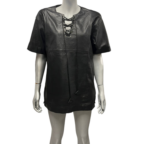 Fashion World - LL160 - Black Leather Shirt V-neck With Strings Size XL