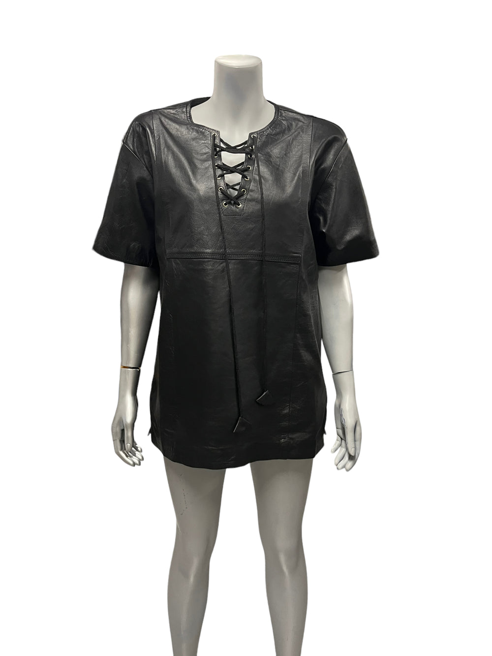 Fashion World - LL160 - Black Leather Shirt V-neck With Strings Size XL