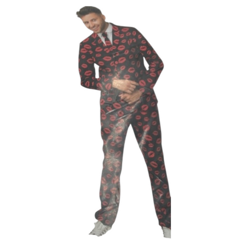 Kinky Black Suit with Red Lips Print – Blazer, Pants & Matching Tie