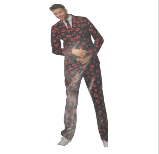Kinky Black Suit with Red Lips Print – Blazer, Pants & Matching Tie