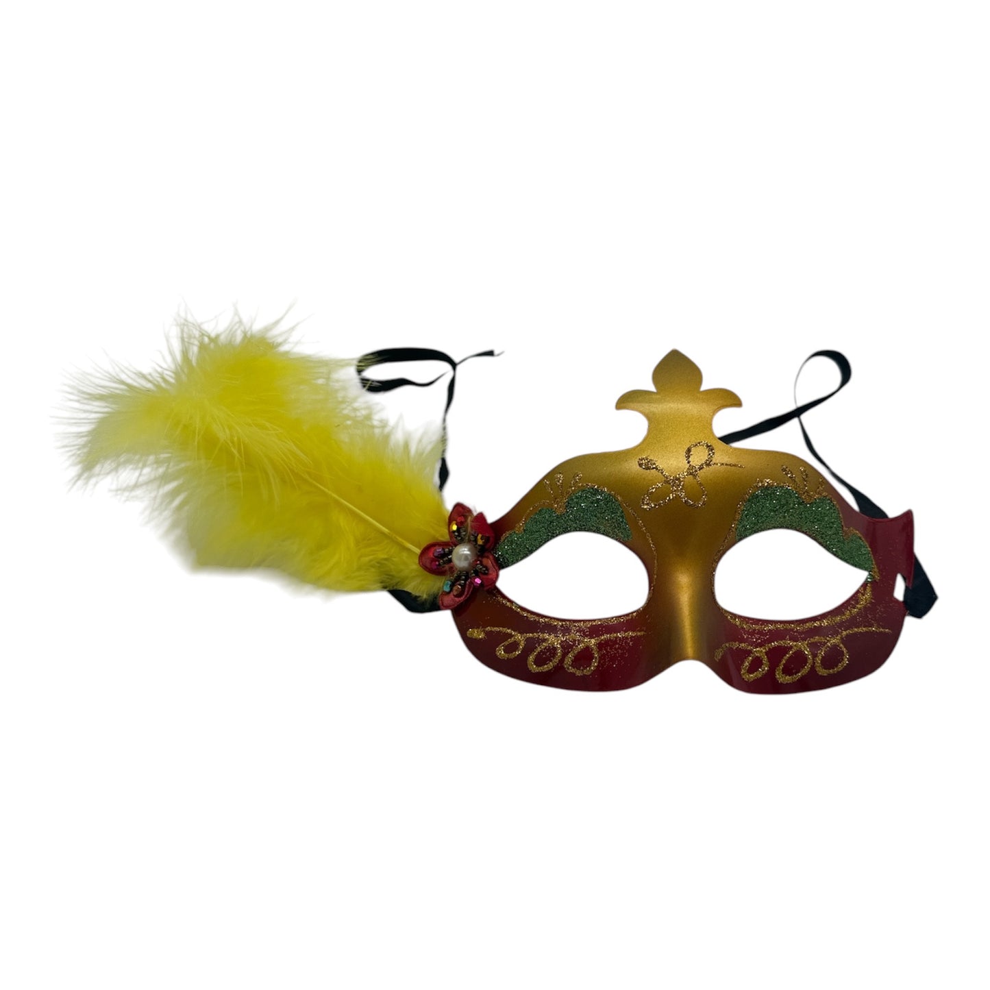 Orange Red Mask with Green Lashes and a Yellow Feather