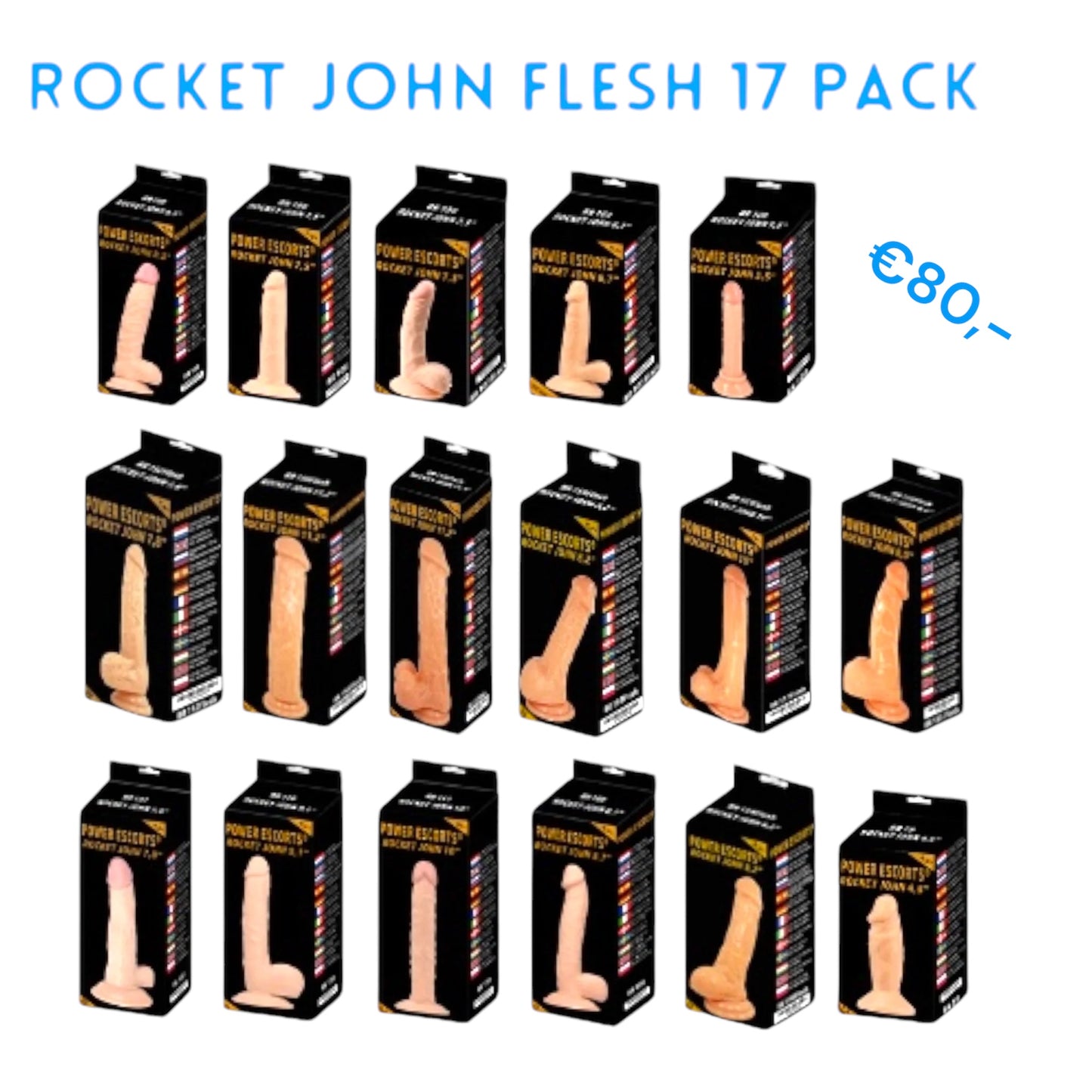 Power Escorts - Rocket John 17-Pack - Realistic Flesh-Tone Dildos Sizes Up to 28,5 CM/11,2 Inches