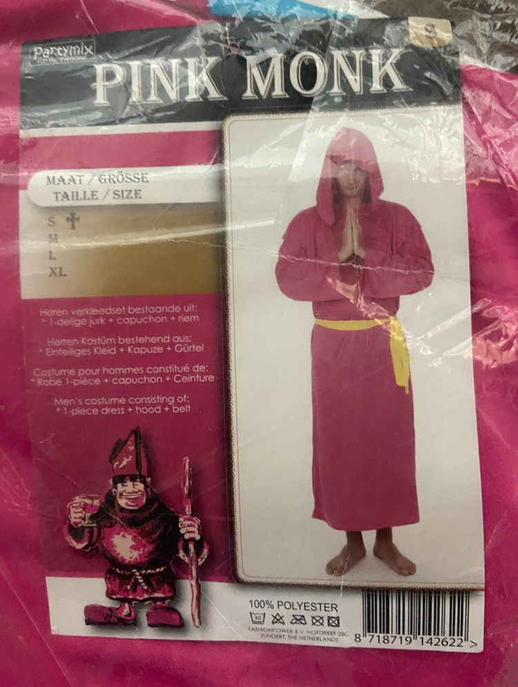 Naughty Pink Monk Costume – One-Piece Dress with Hood & Yellow Belt