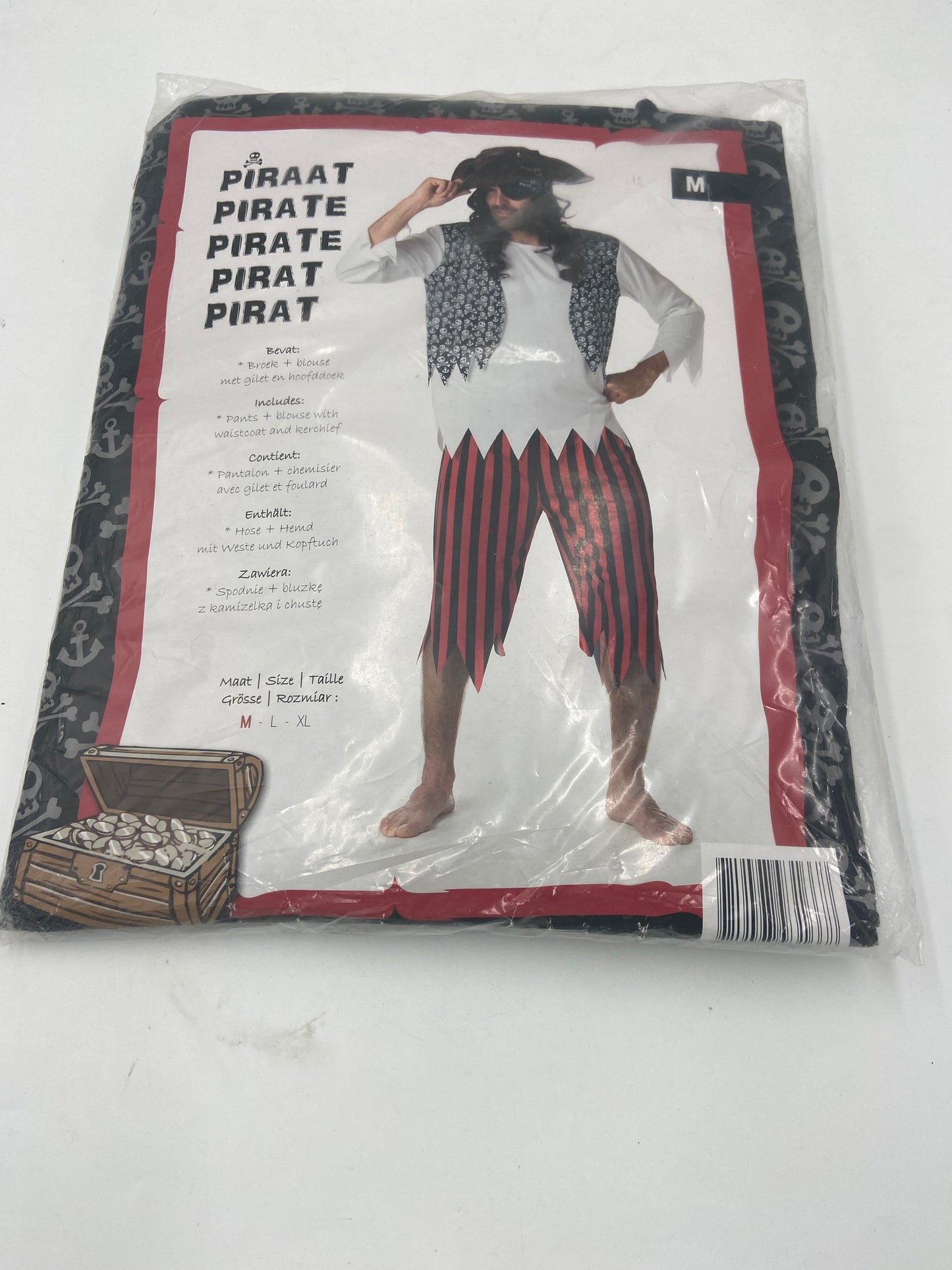Kinky Pirate Costume – Striped Pants, Ripped White Blouse, Skull Vest & Headscarf M / L / XL