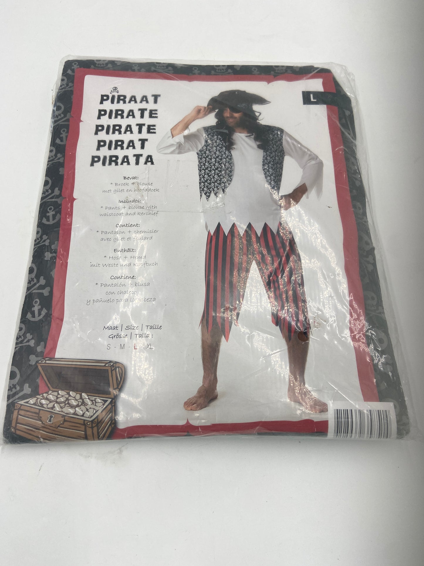 Kinky Pirate Costume – Striped Pants, Ripped White Blouse, Skull Vest & Headscarf M / L / XL