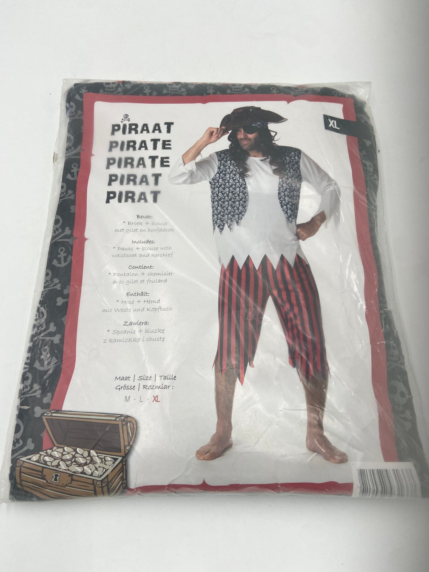 Kinky Pirate Costume – Striped Pants, Ripped White Blouse, Skull Vest & Headscarf M / L / XL