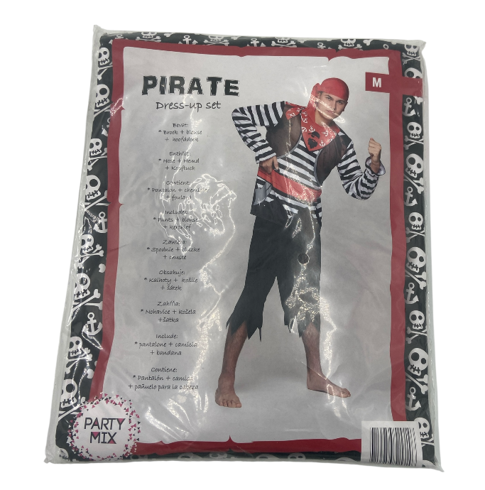 Sexy Pirate Roleplay Costume for Men – Black Pants, Striped Shirt & Red Headscarf – Size M