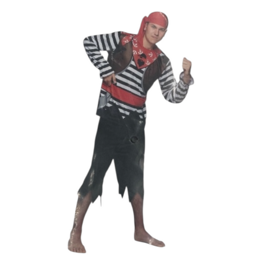 Sexy Pirate Roleplay Costume for Men – Black Pants, Striped Shirt & Red Headscarf – Size M