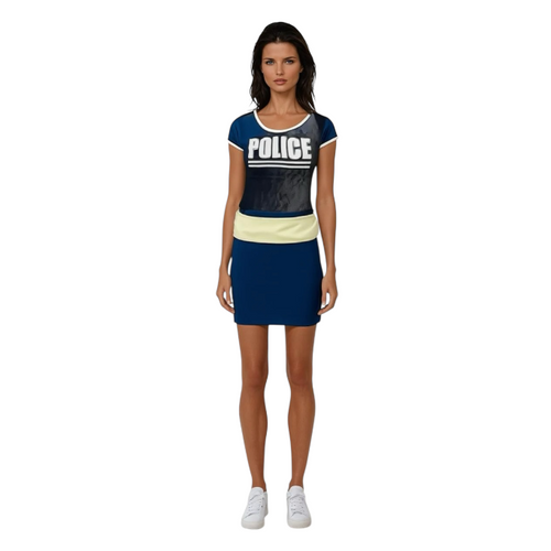 Sexy Policewoman Costume – Blue Roleplay Dress with Yellow Accent & Police Cap
