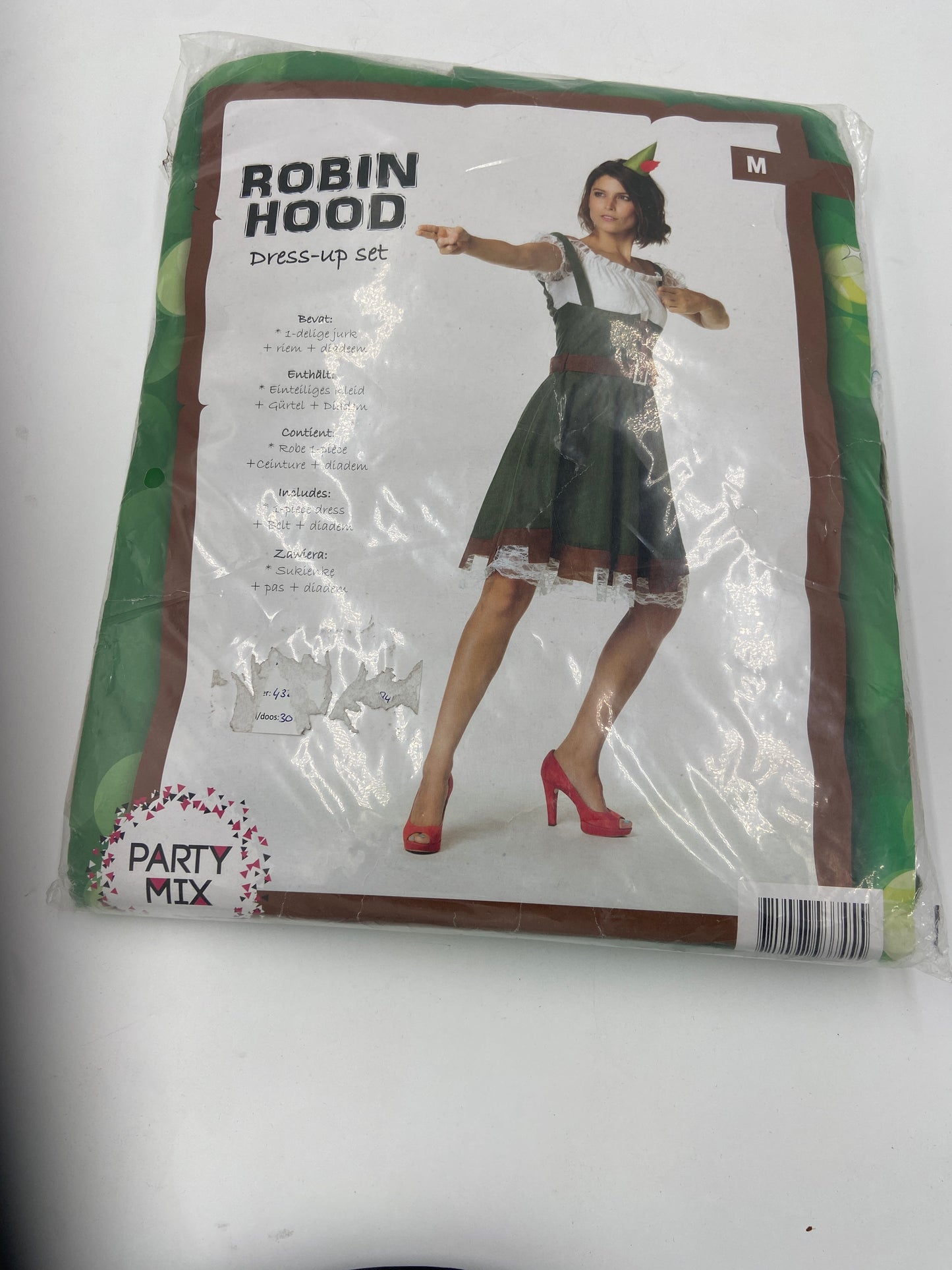 Sexy Robin Hood Costume – Green One-Piece Dress with Brown Belt & Matching Tiara – M / L