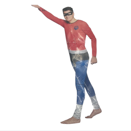 Kinky Super Hero Costume – Tight Blue /RedSuit with Black Cape & Mask - M / L / XL